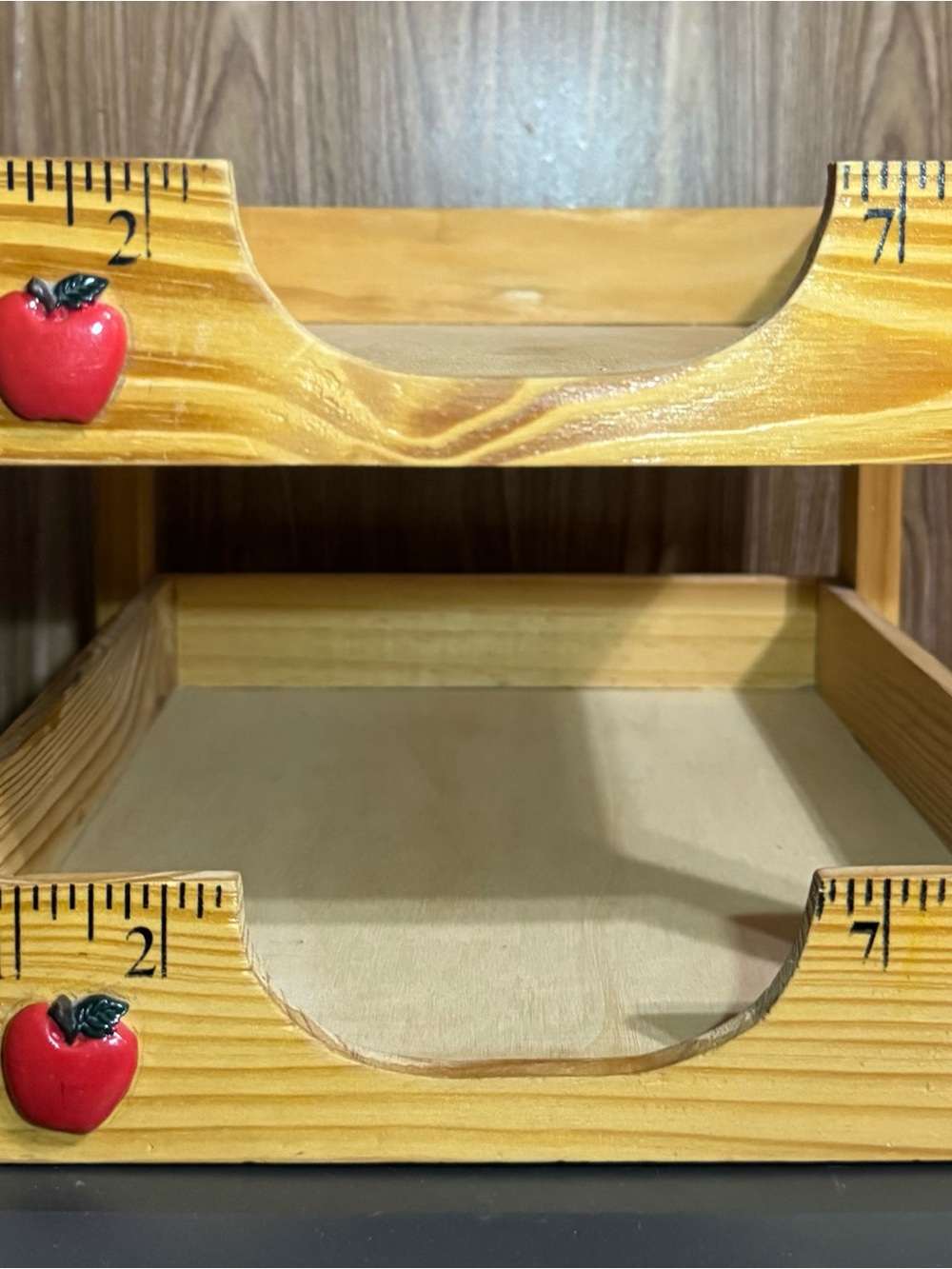 Wooden Two-Tier Desk Organizer Tray in Natural Wood with Red Apple Accents
